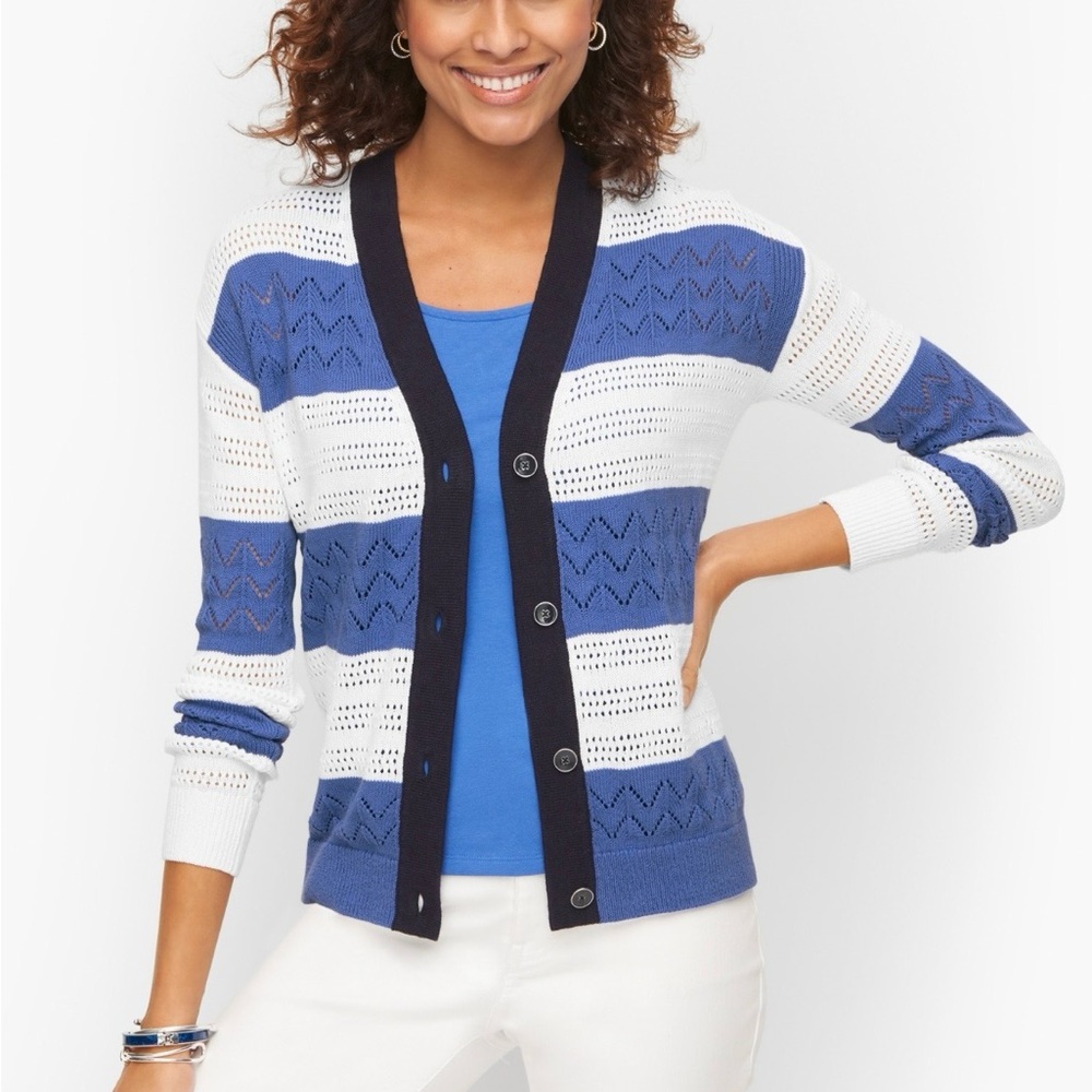 TalbotsTIPPED POINTELLE CARDIGAN - STRIPE Blue and White Women's Sweater XL